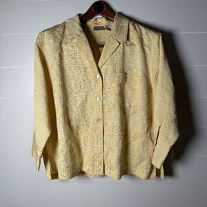 Chico's 2 Asian Blouse Butter Yellow/Gold Embroidered Button Silk Linen Blend